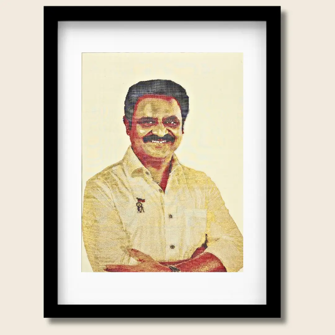 Pure Kanjivaram silk portrait of Hon. MLA C. V. M. P. Ezhilarasan, handcrafted by SilkenFrame in Kanchipuram, Tamil Nadu