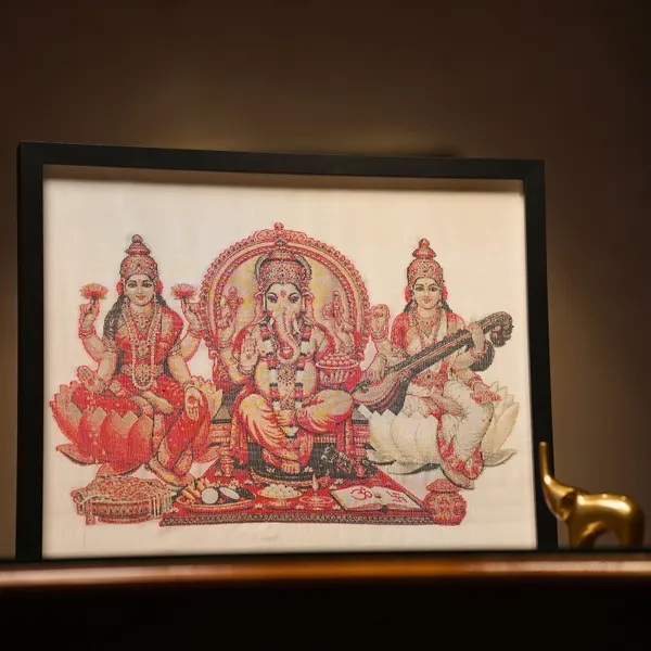 Ganesha, Lakshmi & Saraswati | Pure Kanjivaram Silk Art | Handloom | Traditional Series
