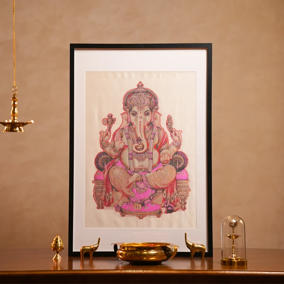 Lord Ganesha | Pure Kanjivaram Silk Art | Handloom | Premium Series, framed Kanjivaram silk artwork