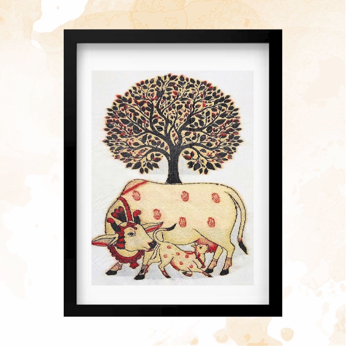 Pichwai Cow & Calf – Tree of Life | Pure Kanjivaram Silk Art | Handloom | Traditional Series