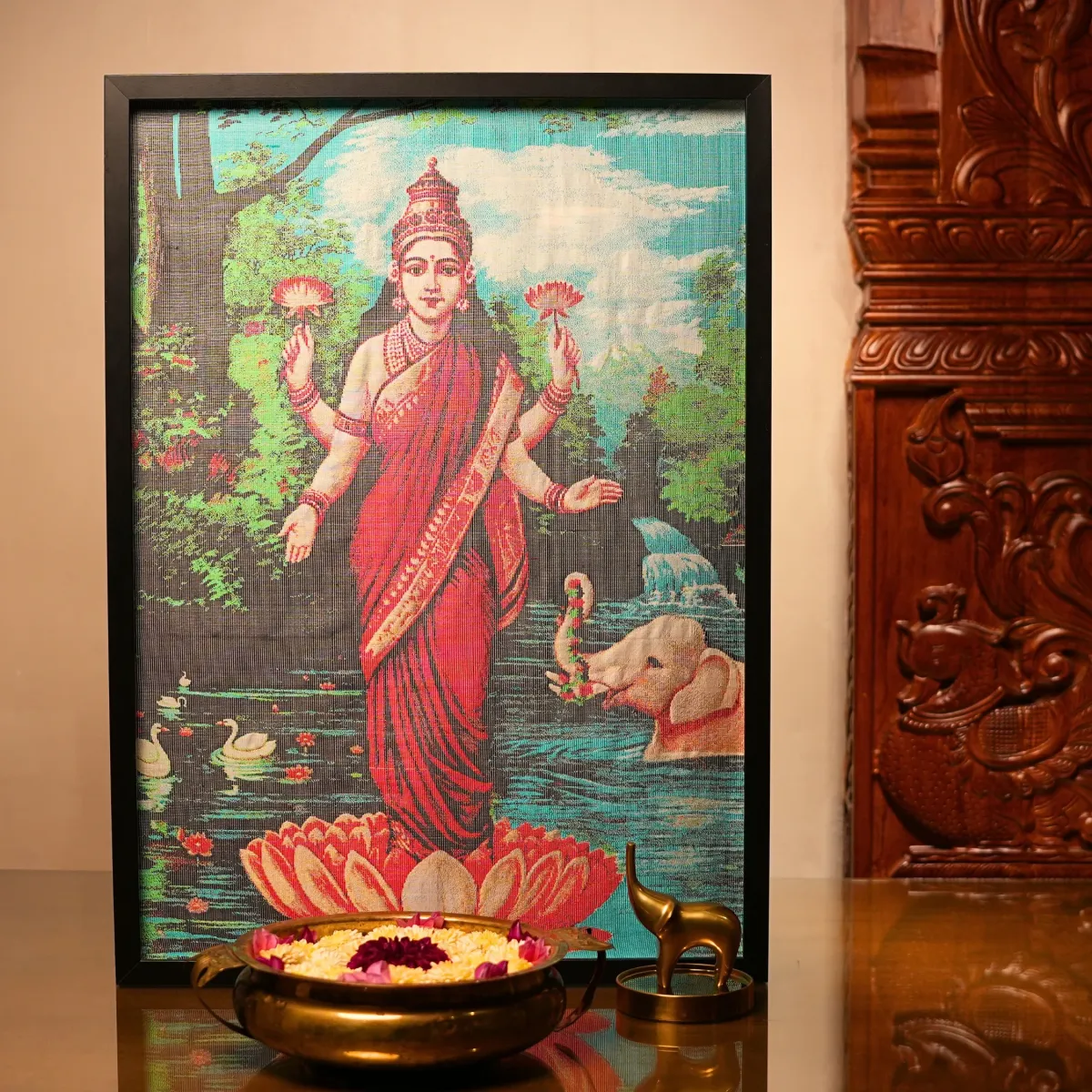 Raja Ravi Varma's Lakshmi | Pure Kanjivaram Silk Art | Handloom | Masterpiece Series, framed Kanjivaram silk artwork