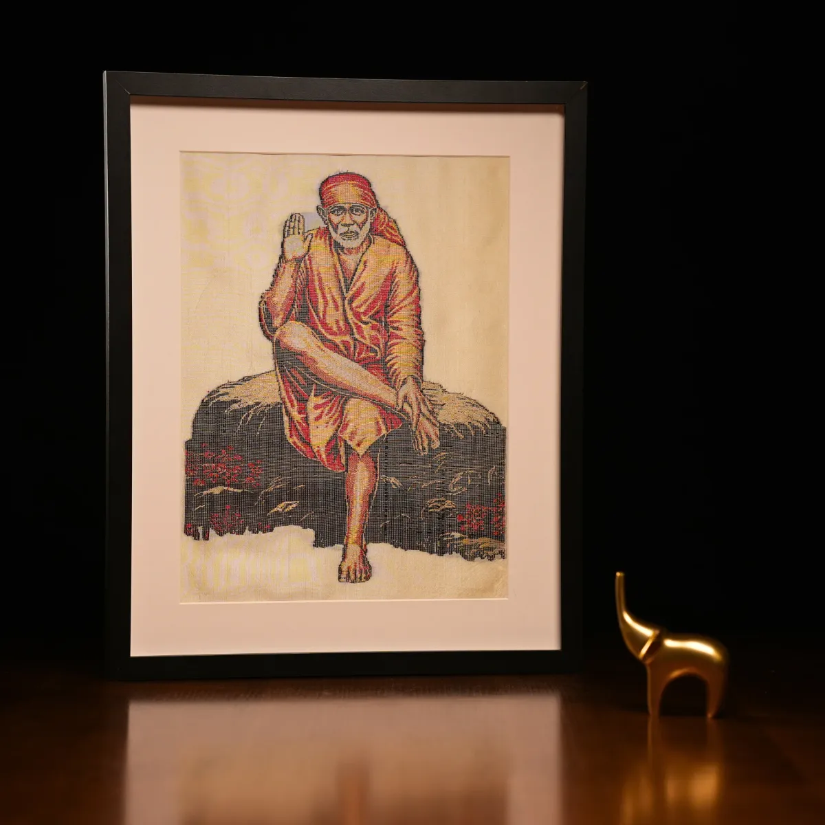 Shirdi Sai Baba | Pure Kanjivaram Silk Art | Handloom, framed Kanjivaram silk artwork
